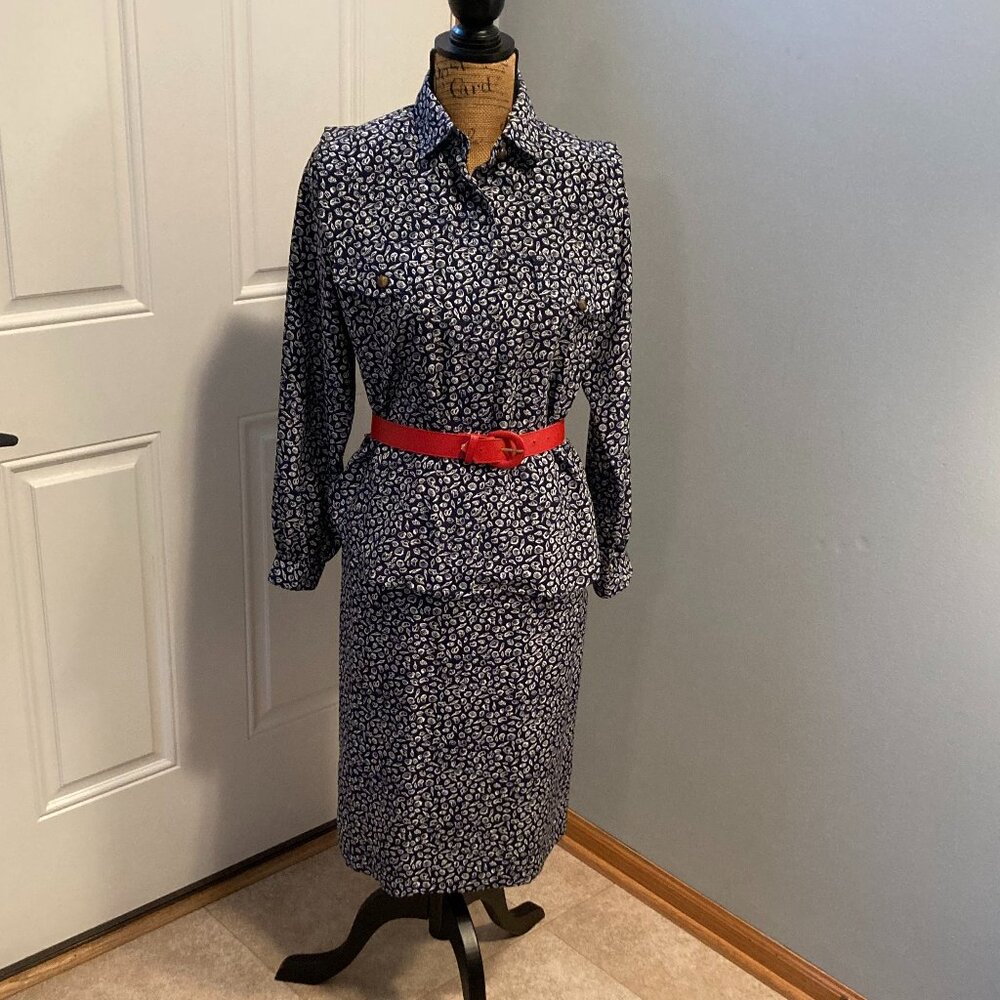 Skirt & Blouse Set 2 Pc Dress Women Size 6 Navy Seashell Red Belt
